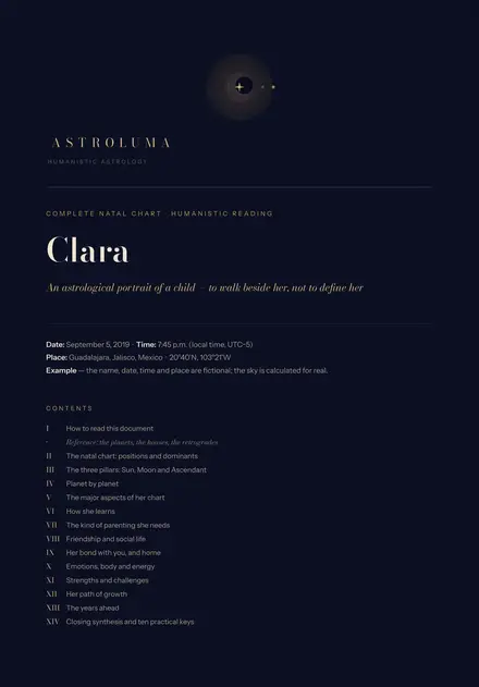 Cover of a sample reading: Child birth chart