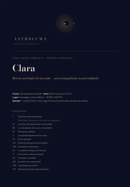 Portada de una lectura de ejemplo: Carta natal infantil