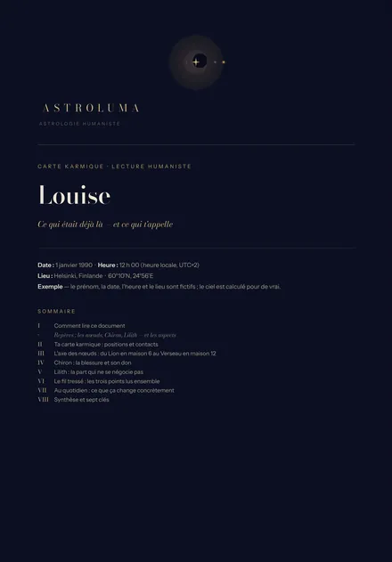 Portada de un ejemplo ficticio: la Carta kármica de Louise, en francés